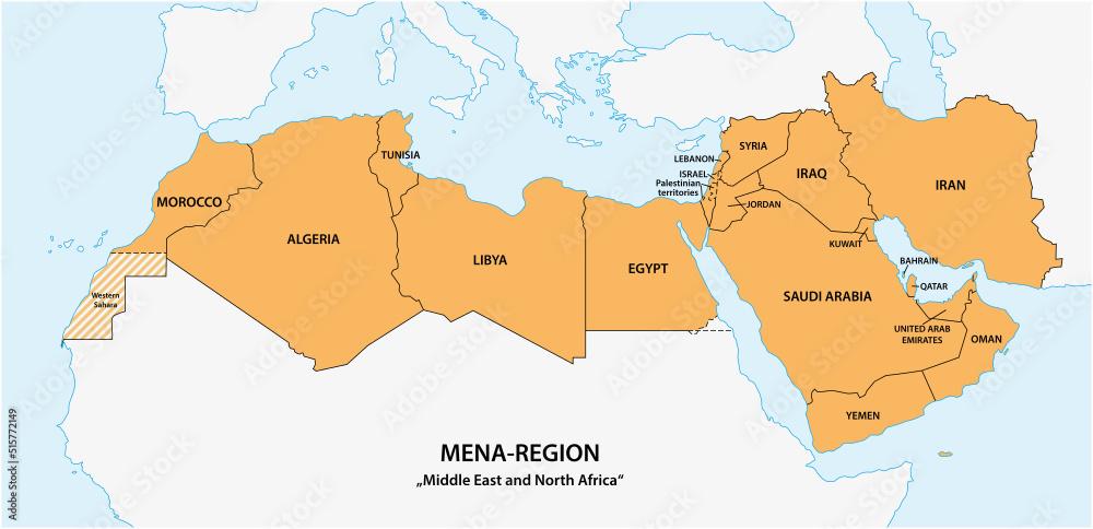 Map of the Mena Region, Middle East and North Africa