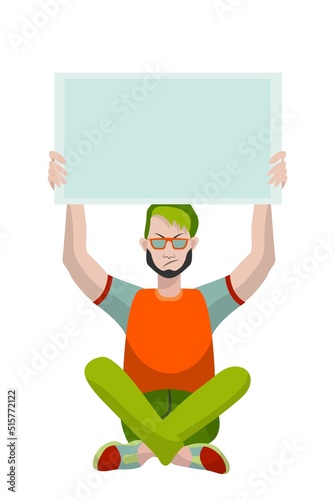 Young protesting man sitting legs crossed and holding a blank poster over his head. Isolated on white background