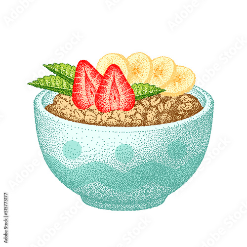 Granola in bowl with banana, strawberry, mint leaves. Oatmeal breakfast with fruits, berry, oat grain porridge. Muesli flakes. Vector sketch illustration