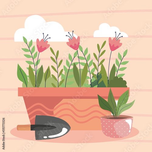 gardening flowers and shovel