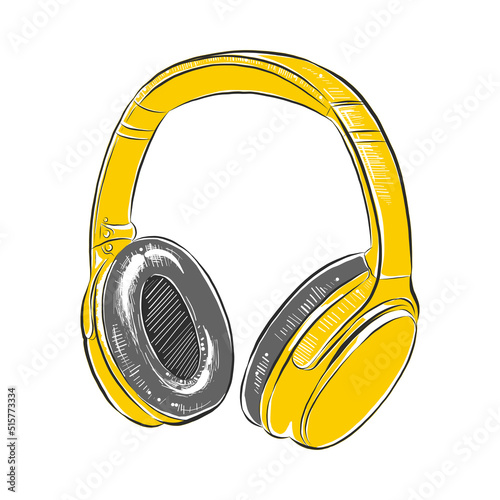 Vector engraved style illustration for posters, decoration, icon, logo and print. Hand drawn sketch of headphones in yellow isolated on white background. Detailed vintage woodcut style drawing.