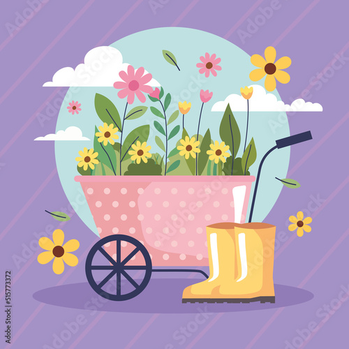 gardening flowers in wheelbarrow