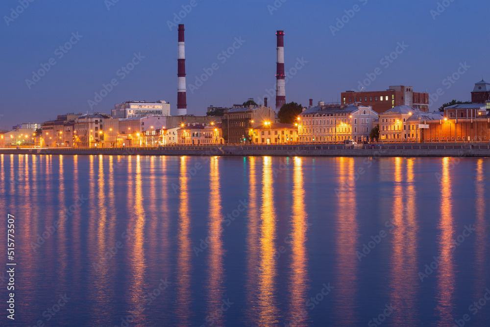 View of the Sinopskaya embankment on a white night. Saint-Petersburg, Russia