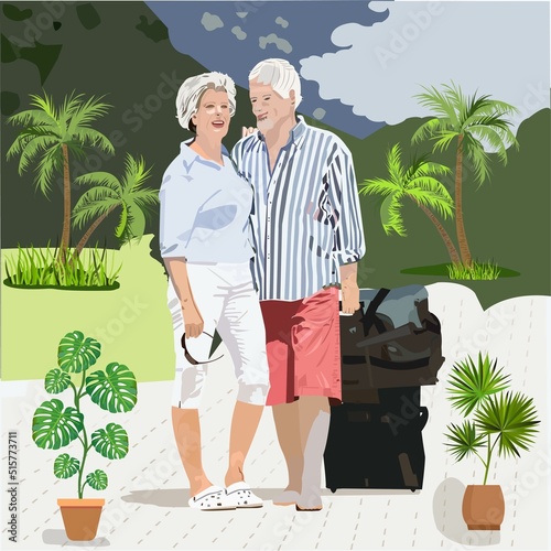 Elderly couple spends time outdoors.Vector illustration of cartoon happy senior man and woman exploring ancient sightseeing. Isolated on background