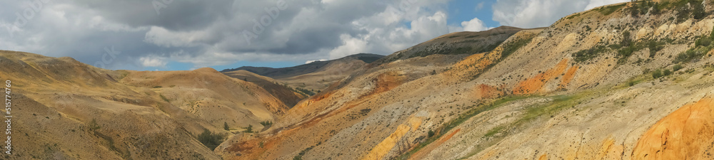Colorful hills in Altai Republic, named Mars 2. Nature environment background, panoramic view. Natural colored texture of sandstone Martian landscape in Altai Mountains.