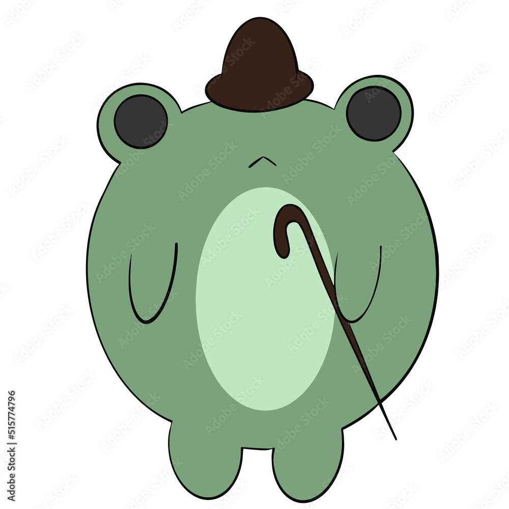 Mr frog stands in a hat with a cane like a gentleman Mr frog stands in a hat with a cane like a gentleman