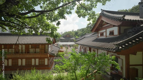 Architecture on old ancient korean traditional buildings in Bongeunsa Buddhist Temple in Seoul, South Korea photo