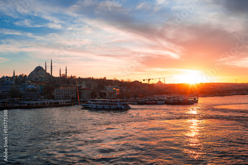 Boats in sea and scenic sunset in Istanbul