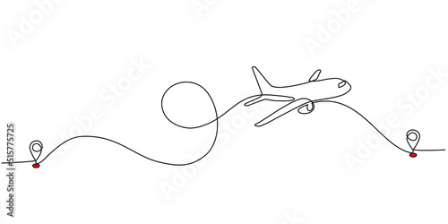 Continuous line drawing of aircraft flight routes and airport destinations. airplane line path icon of airplane flight route with starting point location and single line trail in doodle style.