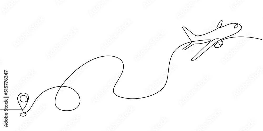 Continuous line drawing of aircraft flight routes and airport destinations. airplane line path icon of airplane flight route with starting point location and single line trail in doodle style. Continuous line drawing of aircraft flight routes and airport destinations. airplane line path icon of airplane flight route with starting point location and single line trail in doodle style.