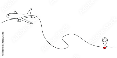 Continuous line drawing of aircraft flight routes and airport destinations. airplane line path icon of airplane flight route with starting point location and single line trail in doodle style.