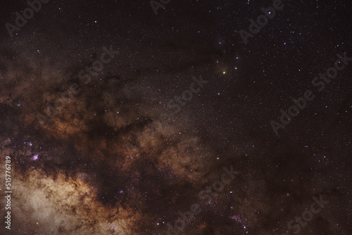 night sky, Scorpion constellation, milky way and stars on dark background with noise and photo pigmentation by long exposure and white balance selection.