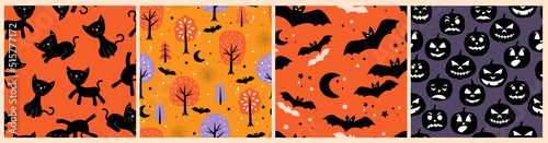 A set of seamless patterns from the Halloween celebration. Bats  horrible pumpkin faces  forest  kittens. Vector graphics.