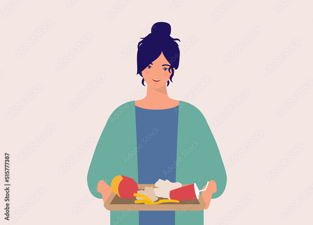One Smiling Young Woman Holding A Serving Tray With Trash And Leftovers From The Fast Food. Half Length. Flat Design Style, Character, Cartoon. One Smiling Young Woman Holding A Serving Tray With Trash And Leftovers From The Fast Food. Half Length. Flat Design Style, Character, Cartoon.