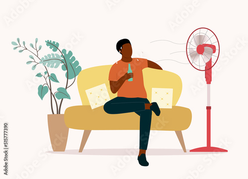 One Sweaty Black Man Sitting On Couch Drinking While Enjoying The Cool Wind Blowing From The Electric Stand Fan. Full Length. Flat Design Style, Character, Cartoon.