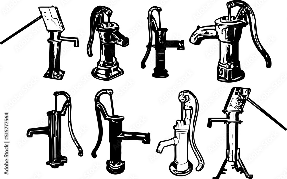 Set of Water hand pump silhouette, line art illustration of water pump