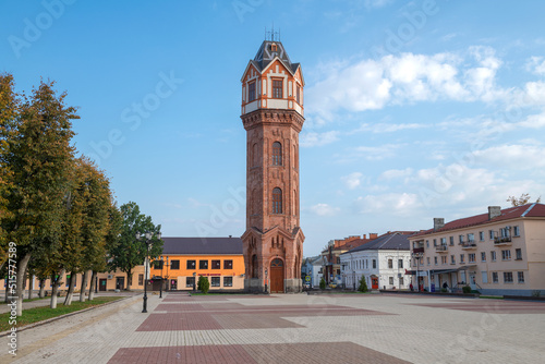 View of the ancient water tower on Cathedral Square on a sunny September morning, Staraya Russa 