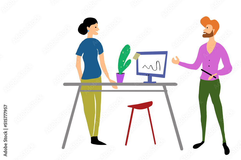 Illustration, a woman and a man size up at a desk with a computer.