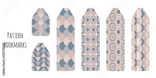 Set of 6 bookmarks with retro geometric patterns and ornaments. Elegant colors palette. Bookmark templates for reading.  Isolated on white background.