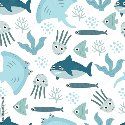 undersea seamless pattern with cartoon sharks, fish, jellyfish, stingray. Colorful vector flat for kids. hand drawing. baby design for fabric, print, wrapper, text