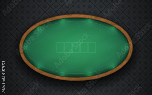 Poker table with realistic wooden frame on a dark background. Oval table with illuminated border. Surface made of green textured cloth. Eps10 vector