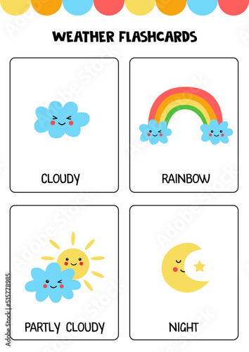 Cute cartoon weather elements with names. Flashcards for children.