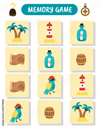 Educational memory game for children, vector cards with cute pirate elements.