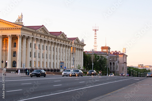 Minsk, BELARUS - June 23, 2022 : traffic on Independence Avenue. It is the longest street in Europe