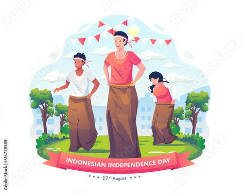 People celebrate Indonesian Independence Day by participating in Sack Race Competition or Lomba Balap karung on the 17th August. Vector illustration in flat style