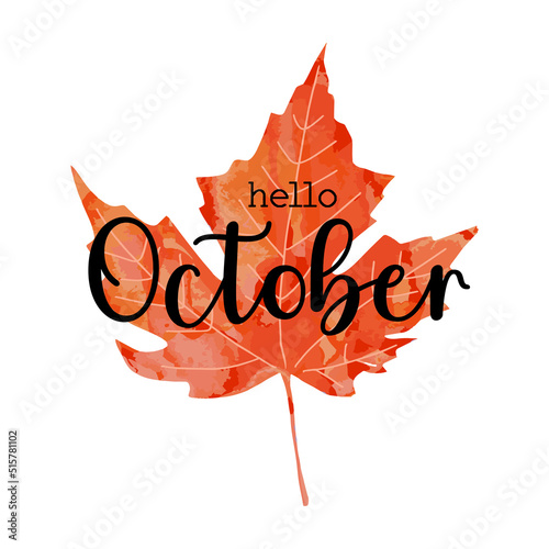 Beautiful calligraphy lettering text - Hello October. Bright orange red watercolor artistic maple leaf vector illustration isolated on white background. Autumn fall welcoming greeting poster design.