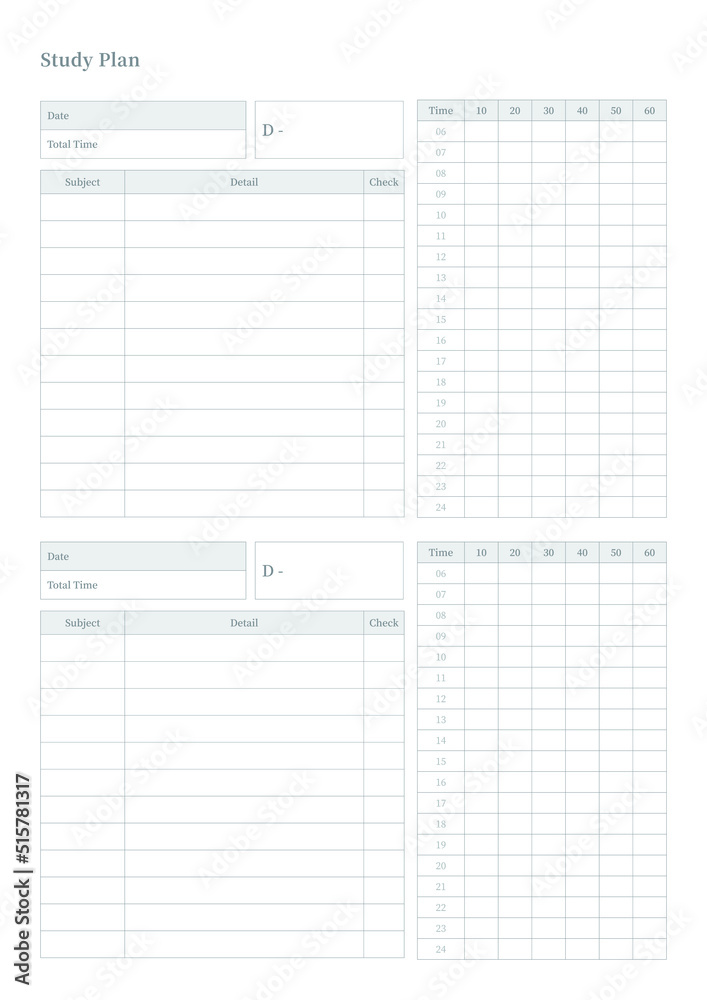 Note, scheduler, diary, calendar planner document template illustration. Study plan form. Note, scheduler, diary, calendar planner document template illustration. Study plan form.