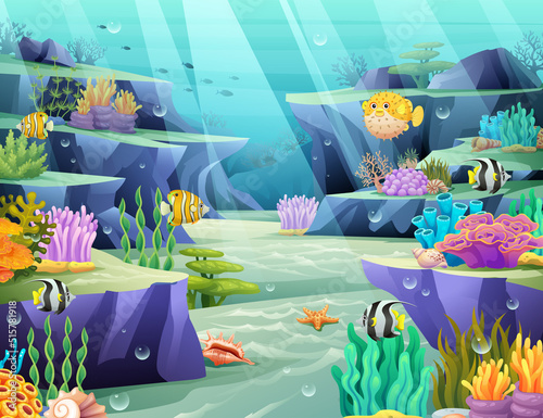 Undersea ocean world cartoon illustration. Underwater life with fishes and coral reefs on a blue sea background