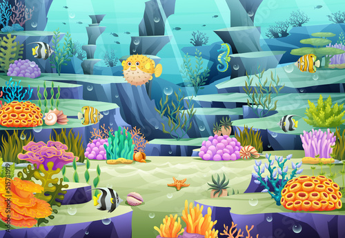 Undersea marine life illustration. Underwater world with sea ocean animals, coral reef and seashell in cartoon style