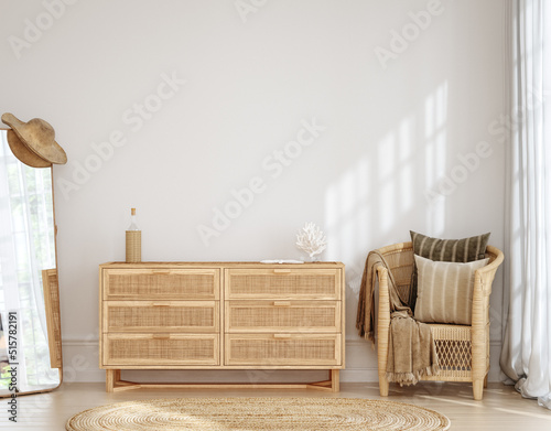 Home mockup, bedroom interior background with rattan furniture and blank wall, Coastal style, 3d render photo