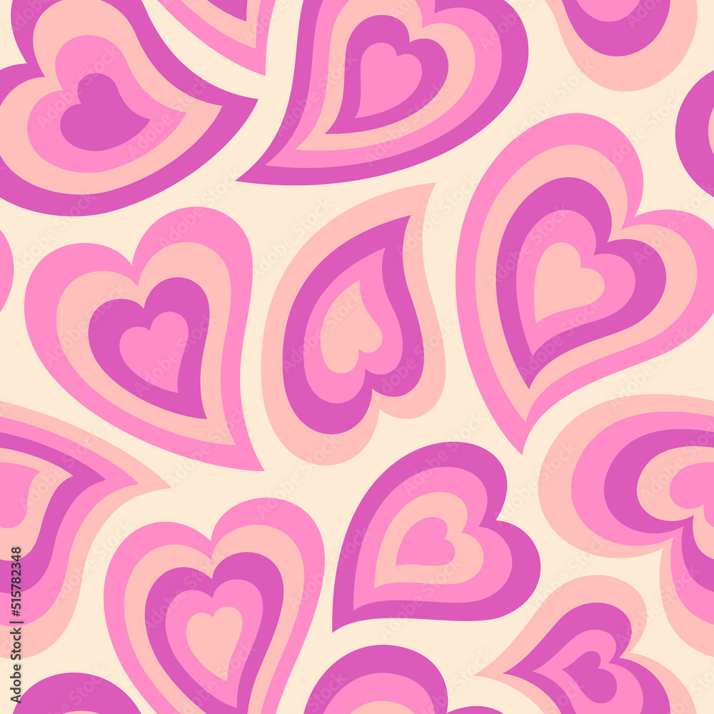 Groovy Hearts Seamless Pattern. Psychedelic Distorted Vector Background in 1970s-1980s Hippie Retro Style