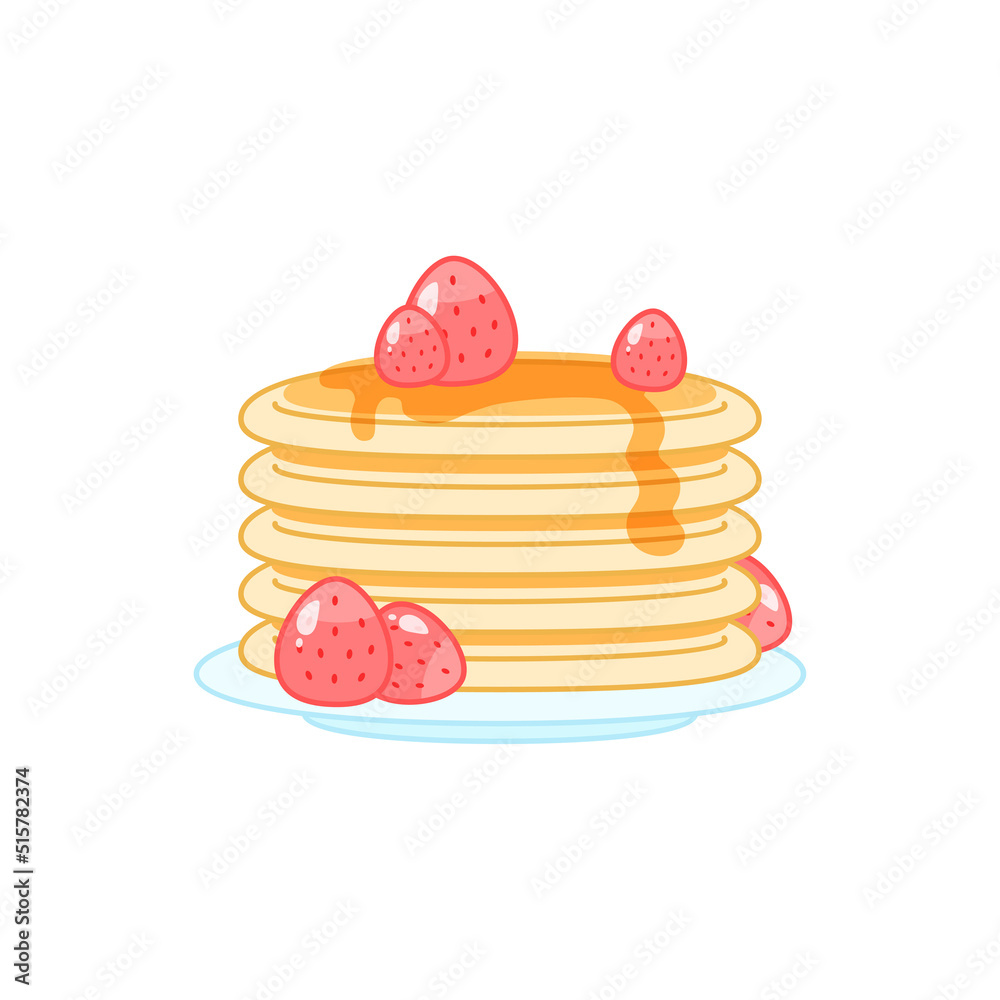 Strawberry dessert. Flat cartoon illustration of a stack of pancakes with berries isolated on a white background. Vector 10 EPS.
Strawberry dessert. Flat cartoon illustration of a stack of pancakes with berries isolated on a white background. Vector 10 EPS.