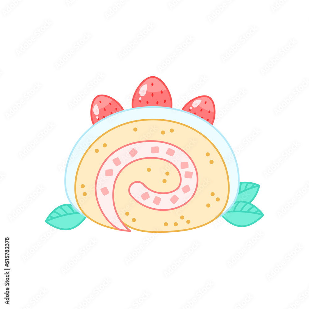 Strawberry dessert. Flat cartoon illustration of a slice of swiss roll with cream isolated on a white background. Vector 10 EPS.
Strawberry dessert. Flat cartoon illustration of a slice of swiss roll with cream isolated on a white background. Vector 10 EPS.