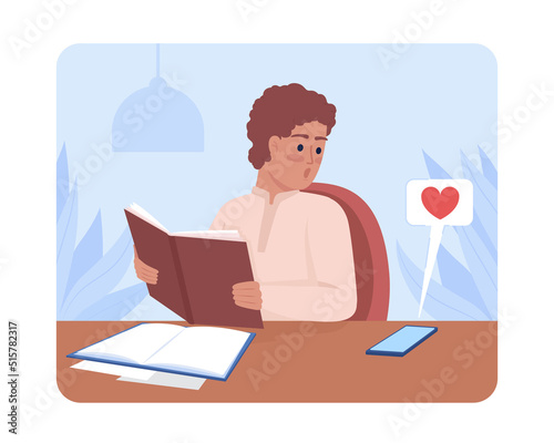 Male student distracted by social media 2D vector isolated illustration. Engrossed teenager flat character on cartoon background. Colourful editable scene for mobile, website, presentation