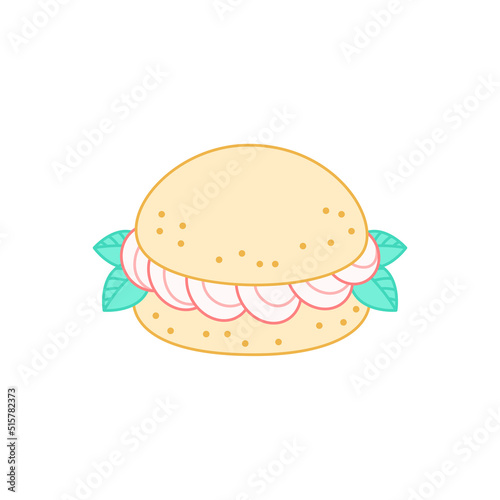Strawberry dessert. Flat cartoon illustration of a profiterole with cream isolated on a white background. Vector 10 EPS.
