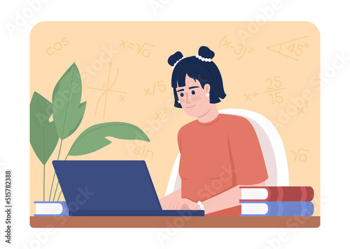 Studying math after school 2D vector isolated illustration. Female student flat character on cartoon background. Academic enrichment. Colourful editable scene for mobile, website. Comfortaa font used