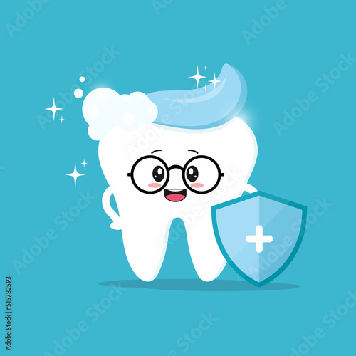 Cute character of a clean healthy tooth wearing glasses with toothpaste and a protective shield. Illustration of children's dentistry. Oral hygiene, brushing teeth.