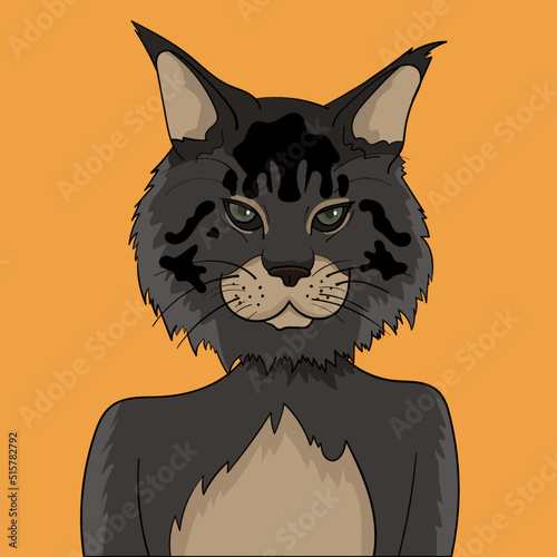 Black grey Main Coon cat character with human body shape on an orange background with layers