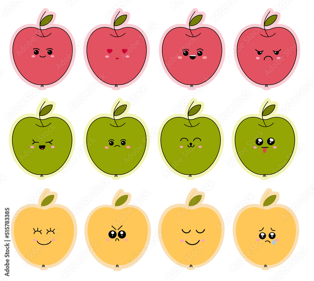 Set of emoticon stickers on colorful apples. Funny cartoon emoticons. Vector illustration isolated on white background Set of emoticon stickers on colorful apples. Funny cartoon emoticons. Vector illustration isolated on white background