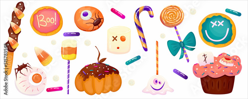 Halloween sweet dessert set clipart on a white background. Halloween eyeball, marshmallow, pumpkin and candy corn. Cartoon vector illustration. Creepy dessert for the autumn holiday for design