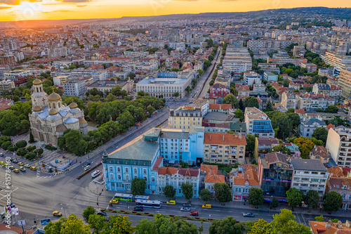 Aerial view of the city center, The Cathedral of the Assumption and boulevard in Varna, Bulgaria. Summer sunset.