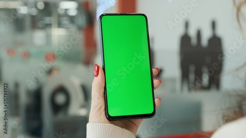 Wallpaper Mural Handheld Camera: Point of View of Woman at conference room Using Phone With Green Mock-up Screen Chroma Key Surfing Internet Watching Content Videos Blogs Tapping on Center Screen Torontodigital.ca
