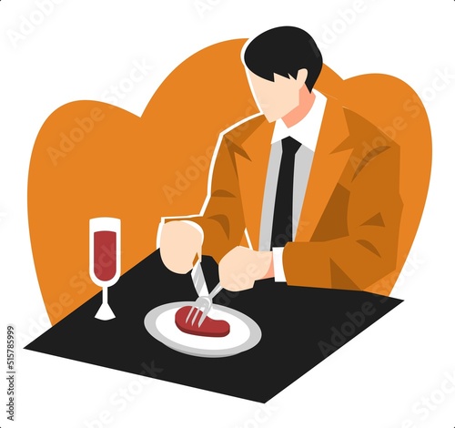 illustration of a man in a neat suit eating a meat dish in a restaurant. with wine in the glass. holding a fork and knife. orange background. concept of hunger, eat, luxury, etc. flat vector