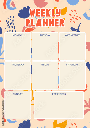 Daily check list planner, note paper, weekly planner, to do list decorated with cute cartoon doodle flowers and botanical illustrations. School scheduler and organizer. Flat vector