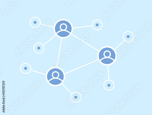 People connected in decentralized and communication network. Interactions between employees and working groups. Decentralized hierarchical system of company. Cooperation and contributions to projects