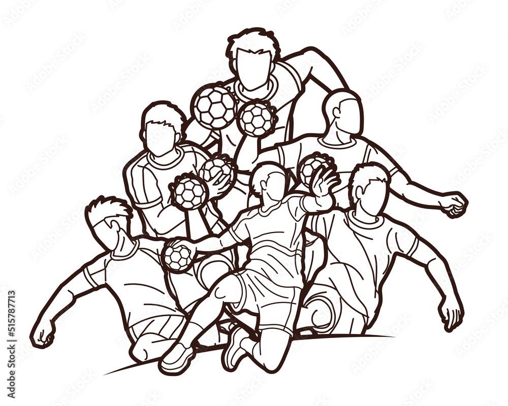 Group of Handball Sport Male Player Action Cartoon Graphic Vector
